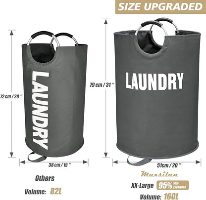 Maxsilan 160L XX-Large Laundry Basket, Freestanding Tall Clothes Hamper, Collapsible Laundry Bag, Dark Grey