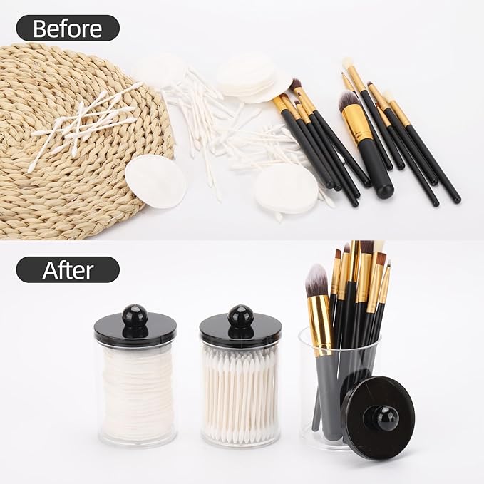 Tbestmax 10oz Qtips Holder - Bathroom Organizers and Storage Containers Plastic Apothecary Jar with Black Lids for Cotton Swab, Cotton Round Pads, Floss - Black