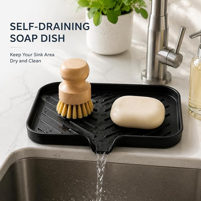MicoYang Silicone Bathroom Soap Dishes with Drain Spout-Bathroom and Kitchen Sink Organizer,Sponge Holder,Dish Soap Tray,Perfect for Dispenser,Scrubber,Bottle,Cup on Sink or Counter-Black 9.6"×5.3"
