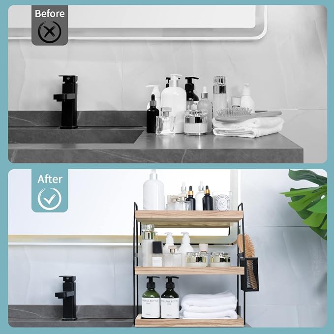 Bathroom Organizer Countertop, 3-Tier Standing Counter Shelf with Basket, Wood Tray for Kitchen Vanity Organizer