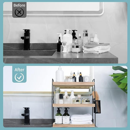 Bathroom Counter Organizer, 3-Tier Standing Storage Shelf with Basket, Wood Tray for Skincare Vanity Organizer
