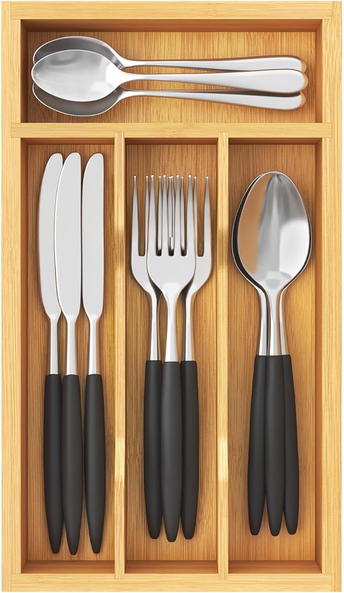 Lifewit Silverware Drawer Organizer, Expandable Utensil Tray for Kitchen, Flatware and Cutlery Holder, Wood Adjustable Storage for Spoons Forks Knives, 6.9 x 12.8, Natural