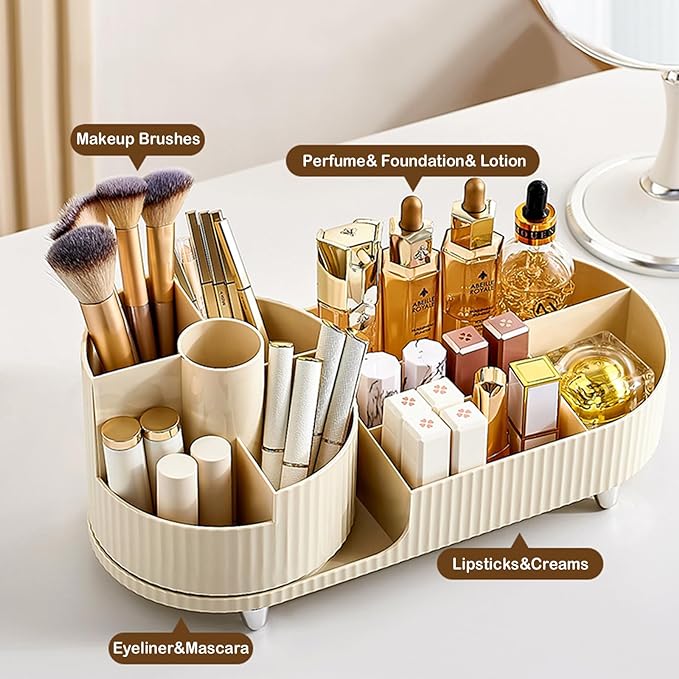 Rotating Makeup Organizer for Vanity with Brush Holder, Cosmetic Makeup Storage Organizer, Large Spinning Makeup Skincare Organizer, Countertop Makeup Perfume Organizer, Lotions Display Case Ivory