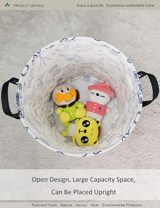 Round Space Rocket Laundry Basket, Collapsible Laundry Hamper for Boys, Cute Galaxy Solar System Storage Bin, Waterproof Toy Storage for Kids Room, Nursery, Playroom(Blue Planet)