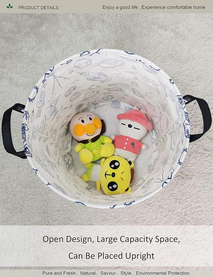 Round Space Rocket Laundry Basket, Collapsible Laundry Hamper for Boys, Cute Galaxy Solar System Storage Bin, Waterproof Toy Storage for Kids Room, Nursery, Playroom(Blue Planet)