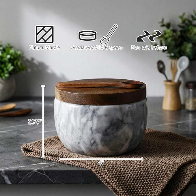 Marble Salt Cellar Set of 4 with Lid and Spoon, Natural Marble Spice Container Bowls with Acacia Wood Lids for Pepper Sugar Seasoning Storage, Kitchen Counter Pinch Bowl Set