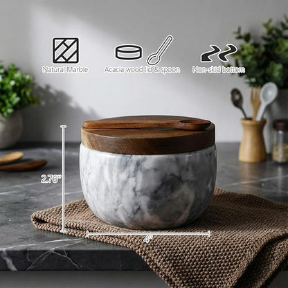 Marble Salt Cellar Set of 4 with Lid and Spoon, Natural Marble Spice Container Bowls with Acacia Wood Lids for Pepper Sugar Seasoning Storage, Kitchen Counter Pinch Bowl Set