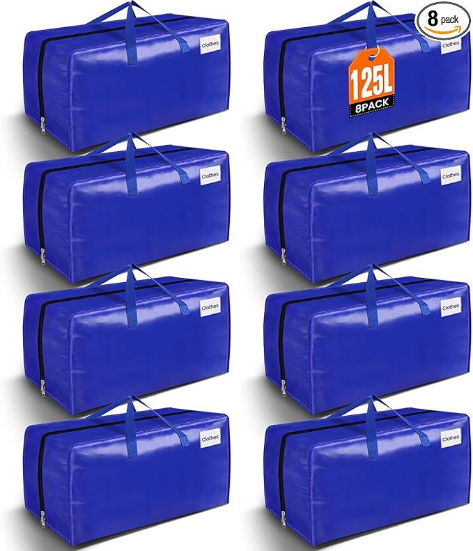BlissTotes Moving Bags, Heavy Duty Moving Supplies & Storage Bags, Extra Large Packing Bags, Boxes with Tag Pockets, Collapsible Fold Flat Storage Totes, Alternative to Box and Bin, 125L, 8 Packs