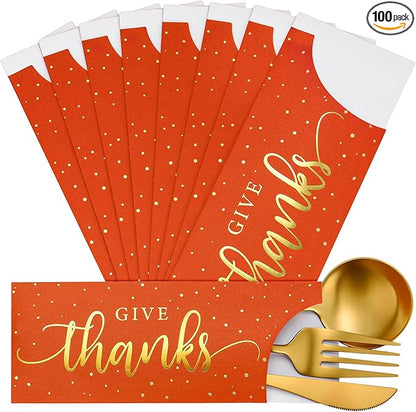 Eaasty 100 Pcs Thanksgiving Utensil Holder, Gold Foil Give Thanks Silverware Bag Disposable Silverware Sleeves Cutlery Holder for Thanksgiving Table Decoration Fall Harvest Party Supplies(Orange)