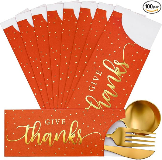 Eaasty 100 Pcs Thanksgiving Utensil Holder, Gold Foil Give Thanks Silverware Bag Disposable Silverware Sleeves Cutlery Holder for Thanksgiving Table Decoration Fall Harvest Party Supplies(Orange)