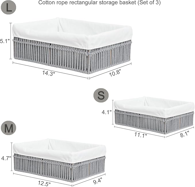 Cotton Rope Storage Baskets (Set of 3) - Hand Woven Organizing Basket with Removable Liner & Iron Frame, Decorative Shelf Storage for Closet & Bedroom (Gray)