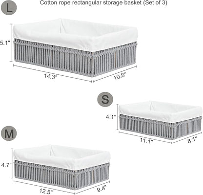 Cotton Rope Storage Baskets (Set of 3) - Hand Woven Organizing Basket with Removable Liner & Iron Frame, Decorative Shelf Storage for Closet & Bedroom (Gray)