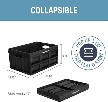 CleverMade Collapsible Storage Bins - Black 3 Pack 32L - Stackable Containers Heavy Duty Capacity Folding Crates - Space-Saving for Home