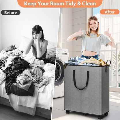 SpaceTrove Laundry Basket with Wheels, Collapsible Laundry Baskets, Laundry Hamper with Handles Detachable Wheels, Rolling Laundry Basket, Dirty Clothes Hamper for Bathroom, Dorm, Bedroom, Grey, 136L