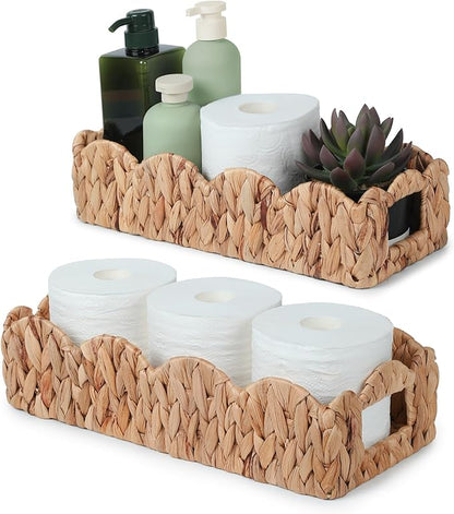 YANGQIHOME Toilet Paper Basket, Water Hyacinth Toilet Tank Basket for Storage, Scalloped Baskets for Bathroom Decor, Bedroom Nursery Room Kitchen, 2 Pack