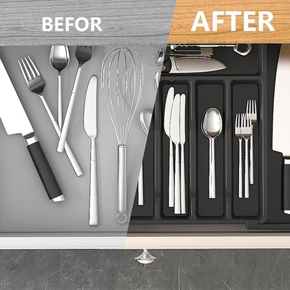 Silverware Drawer Organizer, Expandable Kitchen Drawer Organizer, Adjustable Cutlery Storage, Flatware and Cutlery Holder for Spoons Forks Knives (Black)