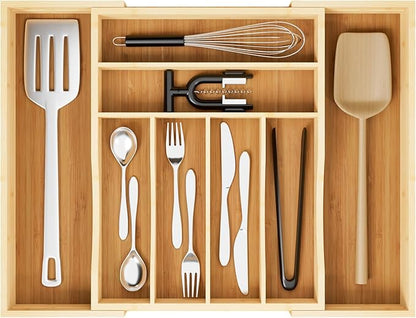 Expandable and Adjustable Bamboo Drawer Organizer Tray - Cutlery & Flatware Organizers for Kitchen Utensils, Silverware Organizer with Dividers, 6-8 Slots with Curved Grooves (Natural)