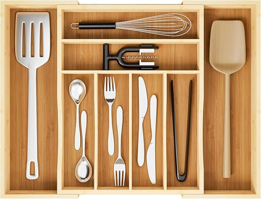 Expandable and Adjustable Bamboo Drawer Organizer Tray - Cutlery & Flatware Organizers for Kitchen Utensils, Silverware Organizer with Dividers, 6-8 Slots with Curved Grooves (Natural)
