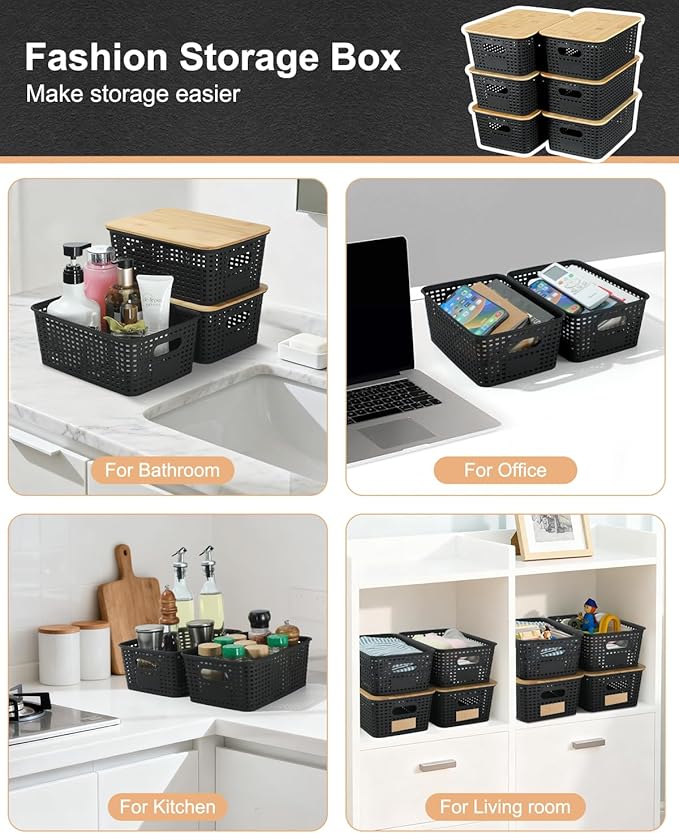 EOENVIVS Storage Bins with Bamboo Lids, 6 Pack Plastic Storage Baskets and Storage Containers, Storage Baskets for Organizing Shelves Drawers Desktop Closet Playroom Classroom Office Home, Black