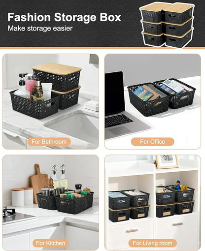 EOENVIVS Storage Bins with Bamboo Lids, 6 Pack Plastic Storage Baskets and Storage Containers, Storage Baskets for Organizing Shelves Drawers Desktop Closet Playroom Classroom Office Home, Black