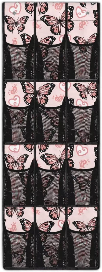 Pink Door Hanging Shoe Organizer 12 Pockets Over The Door Closet Organizer Space Saving Butterfly Wall Hanging Storage for Office