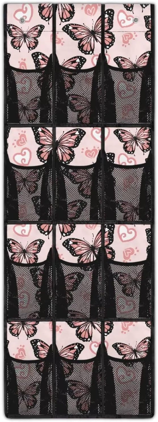 Pink Door Hanging Shoe Organizer 12 Pockets Over The Door Closet Organizer Space Saving Butterfly Wall Hanging Storage for Office