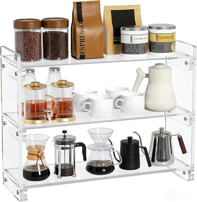 BestYiJo 3-Tier Coffee Station Organizer Countertup - Spacious Acrylic Storage Shelf for Coffee Bar & Kitchen, Holds Mugs, Beans, Syrups, Cups, Stirrers – Compact & Durable Design