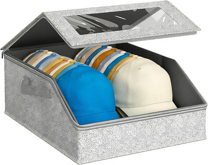 Hat Storage Box Organizer, 1-Pack, Stackable with Clear Windows, Holds 24 Baseball Caps, Grey