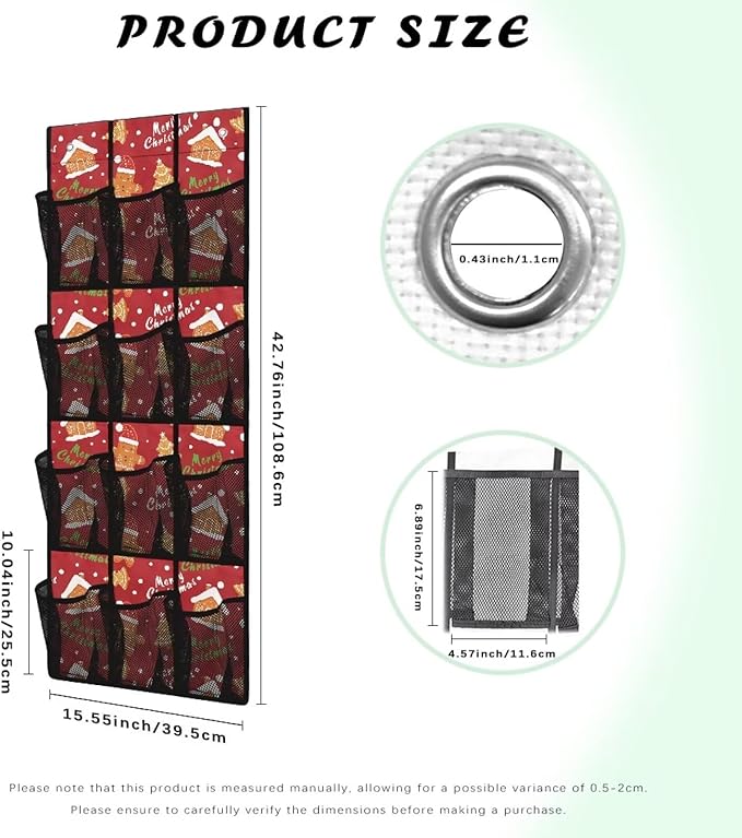 Gingerbread Cookie Over The Door Shoe Organizer for School,Space Saving Door Hanger Organizerf or Merry Christmas Large Capacity Wall Hanging Storage 12 Pockets with 4 Metal Hook