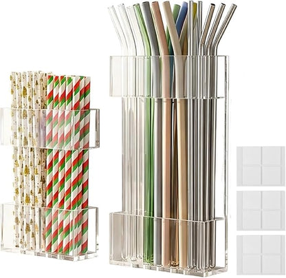 Acrylic Straw Holder for Cabinet Door, 2pcs Reusable Straw Organizer Storage with Sticky Adhesive Fits Both Short & Long Straws for Cabinet Kitchen Counter Cupboard Refrigerator