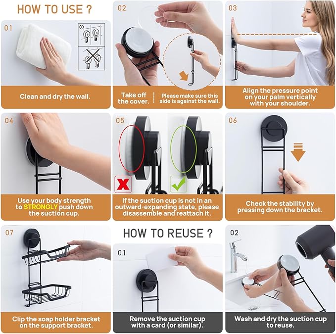 LEVERLOC Double Layer Soap Dish, Bar Soap Holder for Shower Wall, Vaccum Suction Cup Sponge Holder for Bathroom Tub Kitchen Sink, Stainless Steel, Waterproof, Removable, Black