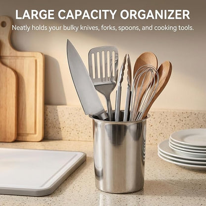 Yosoo Health Gear Kitchen Utensil Holder Spoon Fork Holder Storage Bucket, Multipurpose Large Capacity Utensil Crock for Countertop, Stainless Steel Utensil Holder 4.5*4.5*5.4in (Without Holes)