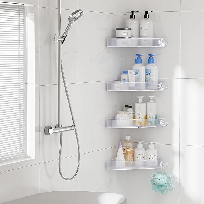 Sotfamily Plastic Shower Caddy Corner (for 90° Only), 4 Pack Adhesive Corner Shower Shelves for Bathroom Organizers and Storage, Frosted Clear