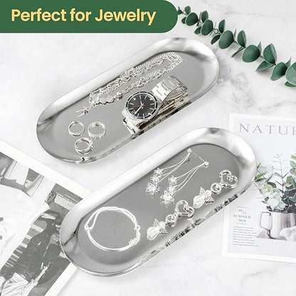 2PACK Silver Decorative Tray, Bathroom Vanity Tray for Dresser Counter, Stainless Steel Jewelry Dish Tray for Decor, Perfume Ring Key Candle Organizer Tray, Oval