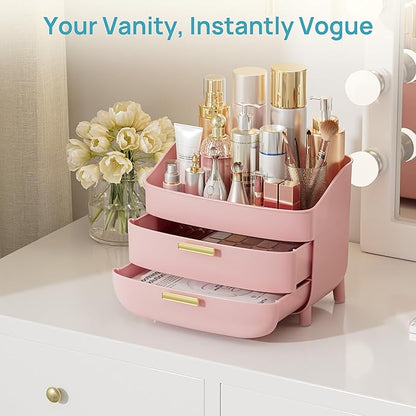 Vtopmart 3-Tier Skincare Makeup Organizer with Drawers for Vanity and Bathroom Countertop, Large Cosmetic Storage Box Case for Dresser, with Non-Slip Base, Pink