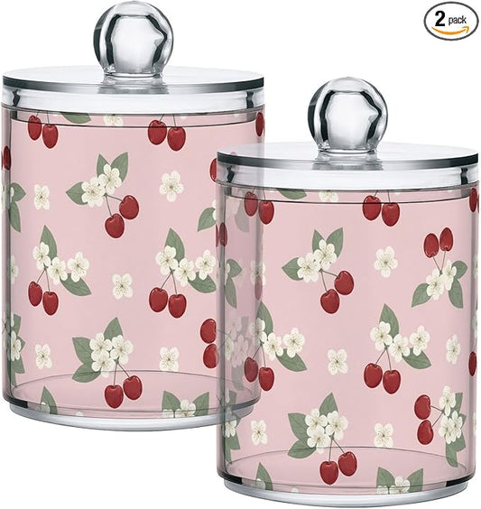 Milk Cow Qtip Holder with Lid 2PCS Apothecary Jars Storage Containers, Clear Plastic Canister for Cotton Swab,Floss Picks, Cosmetics (Sweet Cherrys, one sizex2)
