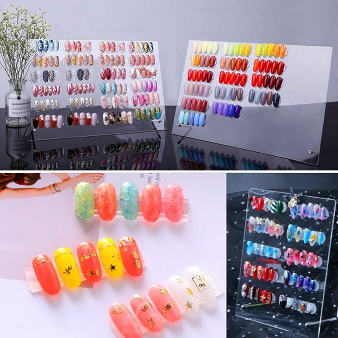 BetterJonny 1PCS Transparent Acrylic Nail Art Display Holder, 50PCS Stand With 3M Double Sided Tape for Professional Salon False Sample Display