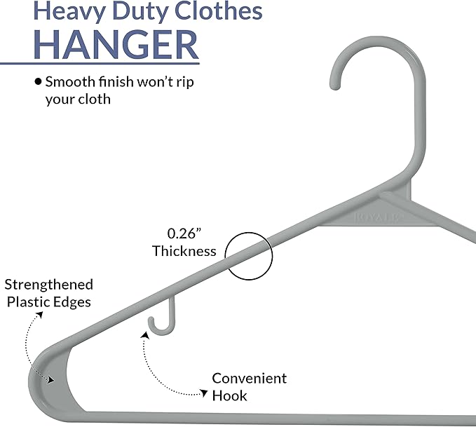 Royale Linens Plastic Hangers 40 Pack - Grey Clothes Hanger with Hooks – Heavy Duty Space Saving Coat Hangers Ideal for Everyday Use for Tops, Skirt, Dress, Shirts, Pants