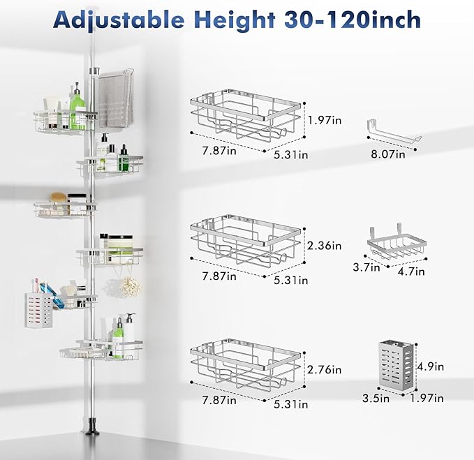 Vatex Shower Caddy Corner Tension Pole, Stainless Steel Rustproof 6 Shelves Bathroom Organizer with Towel Bar & Toothbrush Holder, Adjustable Shower Shelf for Renters - Family Stand Storage Rack