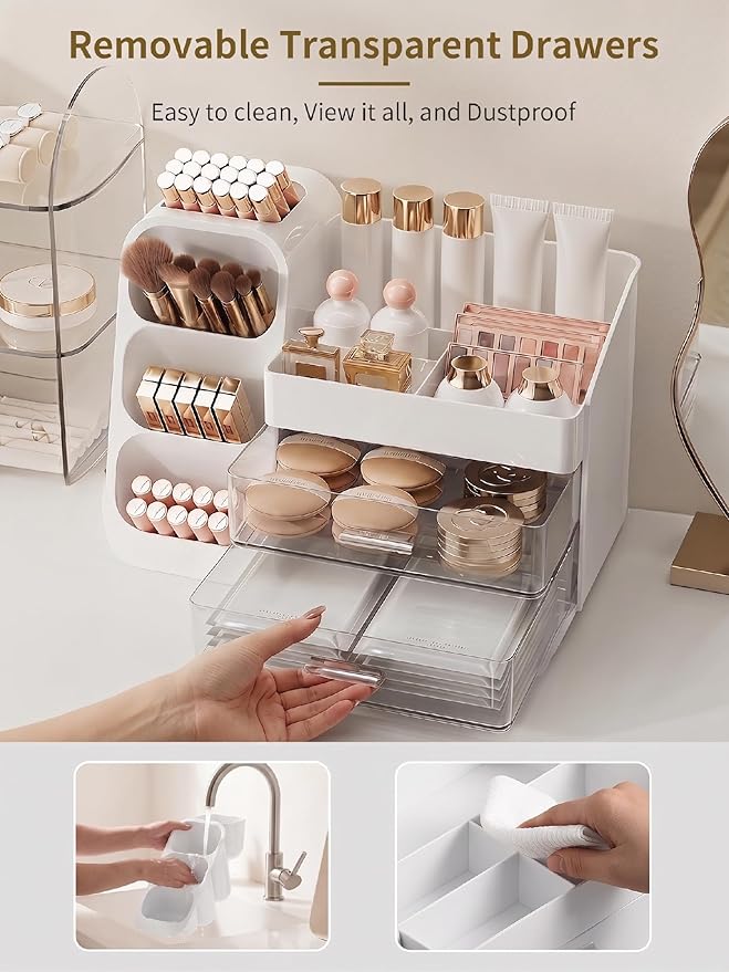 Booklov Makeup Organizer for Vanity, Large Capacity Cosmetic Display Case with Clear Acrylic Drawer, Countertop Beauty Storage Holder for Skincare, Brush Eyeshadow Lipstick Counter Desk, Crystal White
