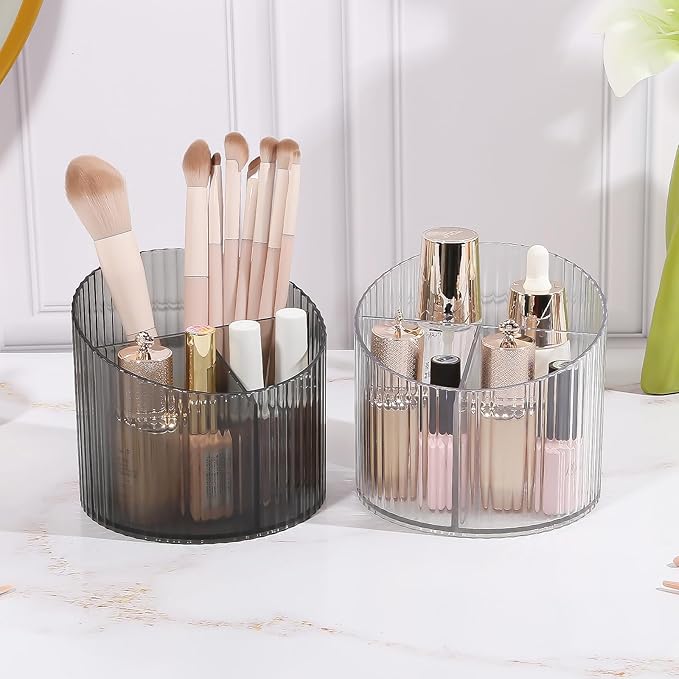DASITON 3 Slots Makeup Brush Holder, Acrylic Makeup Brush Cup, Vintage Striped Make Up Brush Holder for Vanity Decor, Bathroom Countertops, Desk Storage Container, Cosmetic Display Cases (Black)