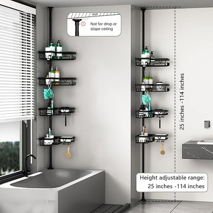 DAOYA Corner Shower Caddy Tension Pole - 4 Tier Stainless Steel Rustproof Shower Corner Caddy for Bathtub Bathroom Shower Organizer Shelves Adjustable Pole 25-114.2 Inch Black
