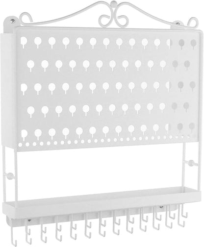 Angelynn's Wall Mounted Earring Holder Necklace Organizer for Small and Medium Post Stud Dangle Pierced Earrings, Hanging Closet Jewelry Storage Rack with Tray, AAA White 14 1/2" x16 1/4"