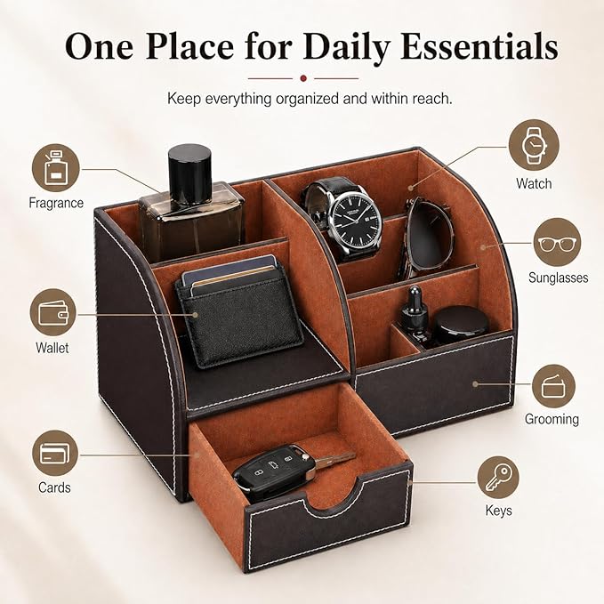 KINGFOM Cologne Organizer for Men, PU Leather Dresser Organizer with Drawer, Countertop Cologne Holder for Watch, Wallet, Keys, Sunglasses, Bathroom Bedroom Nightstand Organizer, Gifts for Men Brown