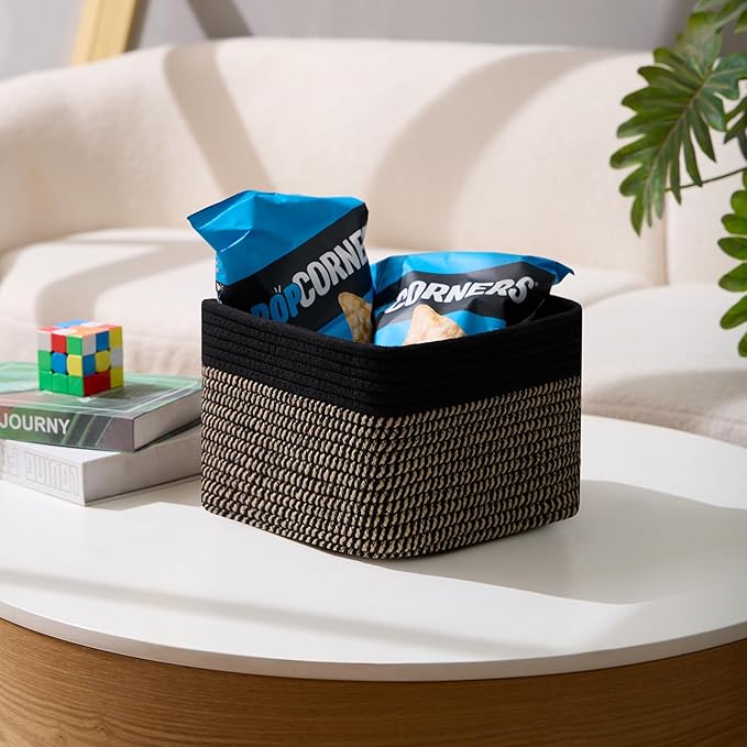 MiniArk Small Organizing Baskets for Cubes Shelf, 9.7x9.7x7.1 Inch Rope Woven Storage Bins for Nursery Shelves Storage, Cute Toy Basket, Square 3 Packs Black Brown