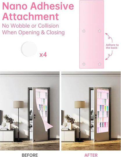 NiHome 35-Pocket Large Capacity Door Cup Organizer Fit for Stanley Tumblers 30oz, 40oz, Door Hanging Water Bottle Storage Double-Sided Tape Stabilizer, Waterproof Oxford Fabric, Transparent (Pink)