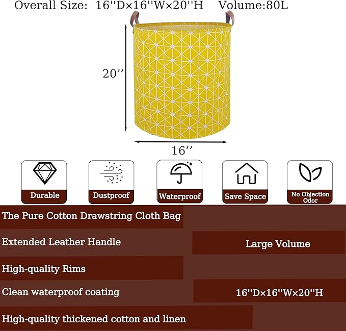 Waterproof Laundry Hamper Collapsible Laundry Basket Leather Handle Laundry Bag Large Clothes Storage Toy Organization for Bathroom Bedroom Laundryroom College Dorms (Nursery Bins Boxes-002)