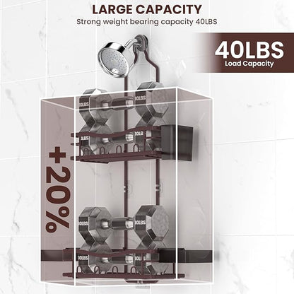 REINHARDT Shower Caddy Hanging, Rustproof Shower Caddy Anti-Swing Shower Organizer No Drilling Showers Racks with Soap Holder Multi Hooks Bathroom Storage for Shampoo Sponge, Bronze