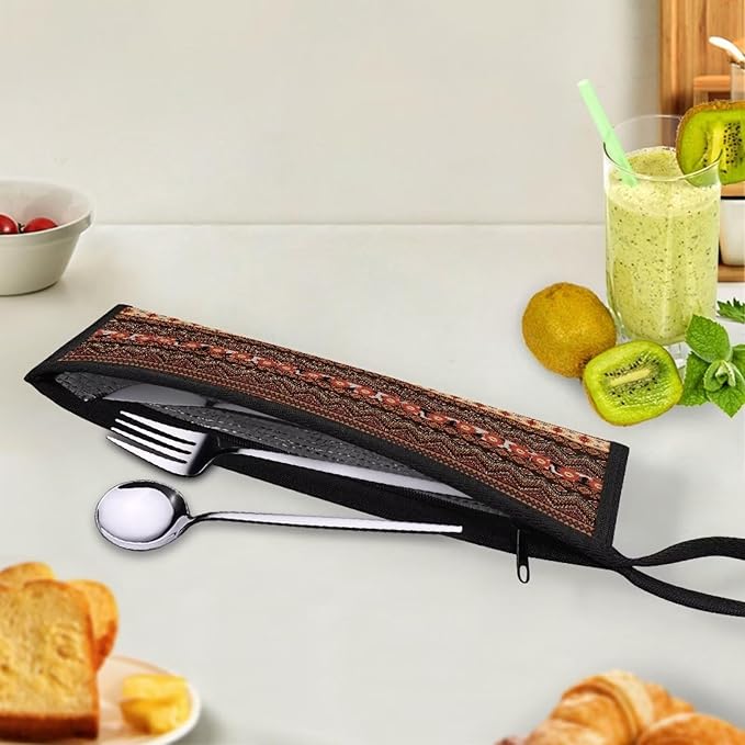 Ethnic Tribal Portable Travel Straw Tableware Storage Bag with Handle Cutlery Carrying Case Reusable Party Flatware Organizer for Chopsticks, Toothbrush
