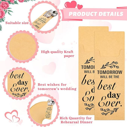 Gueevin 100 Pcs Tomorrow Will Be The Best Day Ever Wedding Paper Silverware Bags Cutlery Sleeves Kraft Utensils Bag Silverware Holder Pockets for Wedding Rehearsal Dinner Engagement Bride Shower Party